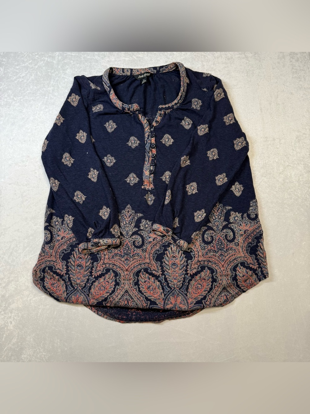 Lucky Brand Navy Long Sleeve Paisley Henley Top